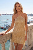 Gold Halter Bodyocn Sequin Short Homecoming Dress with Fringes