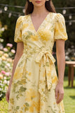 Floral V Neck Yellow Ruffled Wedding Guest Dress with Sash