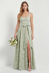 Sage A Line Square Neck Floral Jacquard Bridesmaid Dress with Slit