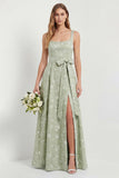 Sage A Line Square Neck Floral Jacquard Bridesmaid Dress with Slit