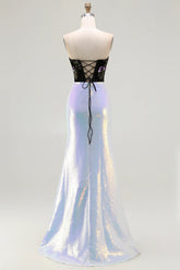 Sparkly Black Lilac Strapless Mermaid Corset Floral Long Prom Dress with Sequins