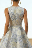 Dusty Blue A Line Floral Wedding Guest Dress with Pockets