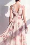 Blush Floral A Line V Neck Midi Wedding Guest Dress