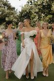 A Line Satin Off the Shoulder Wedding Dresses with Slit