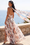 Strapless Ruched A Line Ivory Floral Wedding Guest Dress with Scarf