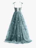 Dusty Blue A line Butterfly Lace Lilac Corset Prom Dress with Slit