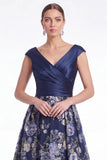 Dark Navy A Line Floral Jacquard Mother of the Bride Dress with Cap Sleeves