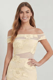 Off the Shoulder Yellow Mermaid Embroidered Bridesmaid Dress with Slit