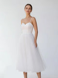 A Line Spaghetti Straps White Satin Tulle Tea Length Wedding Dresses