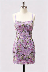 Lilac Bodycon Floral Sequin Appliqued Short Homecoming Dress