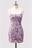 Lilac Bodycon Floral Sequin Appliqued Short Homecoming Dress