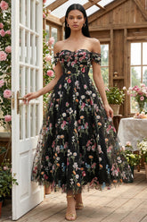 Black Off the Shoulder Floral A Line Midi Wedding Guest Dress