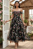 Black Off the Shoulder Floral A Line Midi Wedding Guest Dress