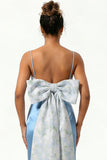 Blue Floral Spaghetti Straps Mermaid Satin Bridesmaid Dress with Bow