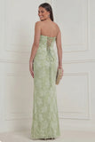 Sage Green Floral Strapless Corset Long Bridesmaid Dress with Slit