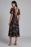 Floral Printed A Line Black Wedding Guest Dress with Short Sleeves