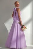 Lilac Halter Chiffon Keyhole Long Bridesmaid Dress