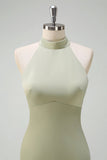 Elegant Sage Mermaid High Neck Satin Open Back Floor Length Bridesmaid Dress
