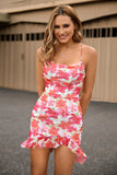 Red Flower Bodycon Spaghetti Straps Printed Homecoming Dress