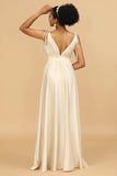Ivory A Line Deep V Neck Backless Long Bridesmaid Dress