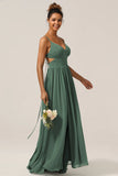 Eucalyptus A Line Spaghetti Straps Floor Length Chiffon Bridesmaid Dress with Slit