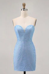 Blue Bodycon Strapless Beaded Short Homecoming Dress with Lace Up Back