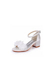 White Floral Satin Open Toe Low Chunky Heels