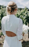 Vintage Modest Long Sleeve Wedding Dress with Pleats Simple Tea length A Line High Neck