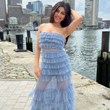 Georgia Maxi Dress Smoky Blue Ruffle Tulle Dress With Sheer Detail