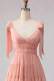 Blush A Line Chiffon Ruched V Neck Long Bridesmaid Dress