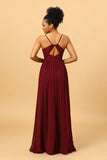 Burgundy A Line Spaghetti Straps Ruched Long Chiffon Bridesmaid Dress with Slit