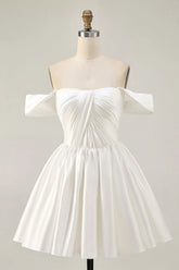 White Satin A Line Off The Shoulder Ruched Short Homecoming Dress
