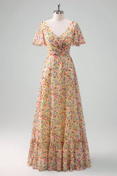 Yellow Flower Printed A Line Chiffon V Neck Bridesmaid Dress with Short Sleeves