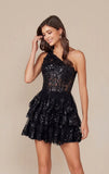 CHRISTIE MINI DRESS BLACK ONE SHOULDER TIERED SHORT DRESS