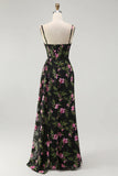 Black Pink Flower Corset Chiffon Long Bridesmaid Dress with Side Streamer
