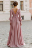 Elegant Vintage Mauve A Line V Neck Long Sleeves Bridesmaid Dress