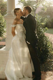A Line Satin Off the Shoulder Wedding Dresses with Slit