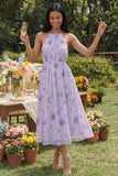 Halter Pleated Floral A Line Lilac Midi Wedding Guest Dress