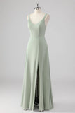 Sage Green Chiffon V Neck A Line Long Bridesmaid Dress with Slit