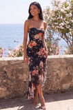 Black Strapless Floral High Low Wedding Guest Dress