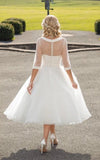Tea Length A Line Bateau Neck Illusion Sleeve Bowed Tulle Wedding Dress