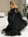 Mirabella Black Corset A Line Long Sleeves Wedding Dresses With Off The Shoulder