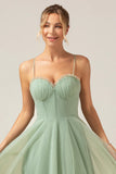 A Line Spaghetti Straps Tea Length Corset Tulle Matcha Bridesmaid Dress