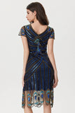Sparkly Black Blue Sheath Sequins V Neck 1920s Dress