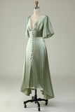 Dusty Sage A Line Deep V Neck Midi Dress with Half Sleeves