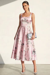 Pink Printed Satin A Line Midi Wedding Guest Dress