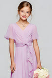 Purple A Line Chiffon Ruffled Long Junior Bridesmaid Dress