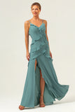 Eucalyptus Sheath Spaghetti Straps Ruffle Floor Length Bridesmaid Dress