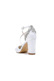 White Satin Pump with Cross Strap and Metal Accent
