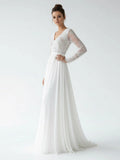 Romantic Modern A Line Floor length Chiffon Lace V neck Long Sleeve Wedding Dress